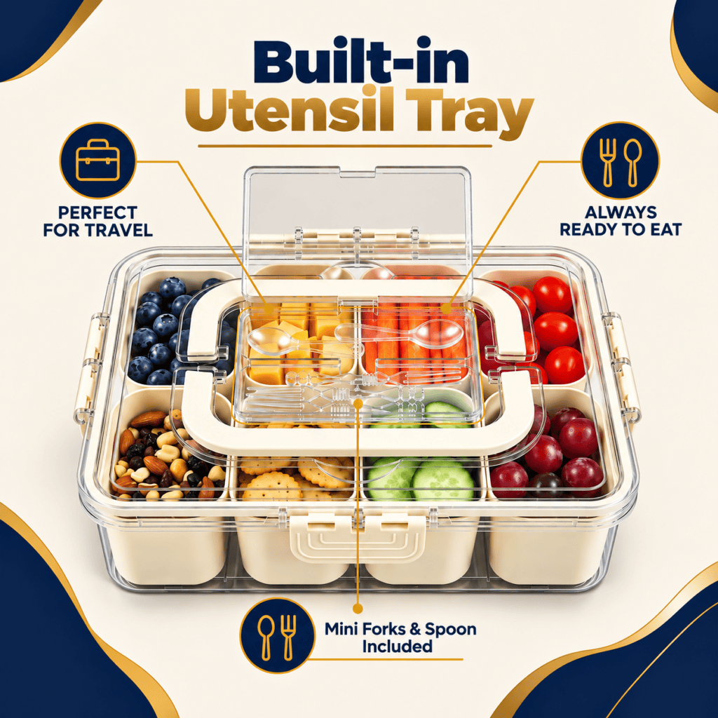 Snack box container with utensil storage: Trust Bliss Snackle Box packed for a road trip