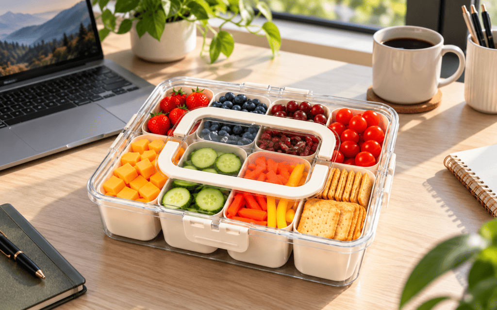 What is a snackle box: Trust Bliss Snackle Box with 8 removable compartments and utensils stored in the lid