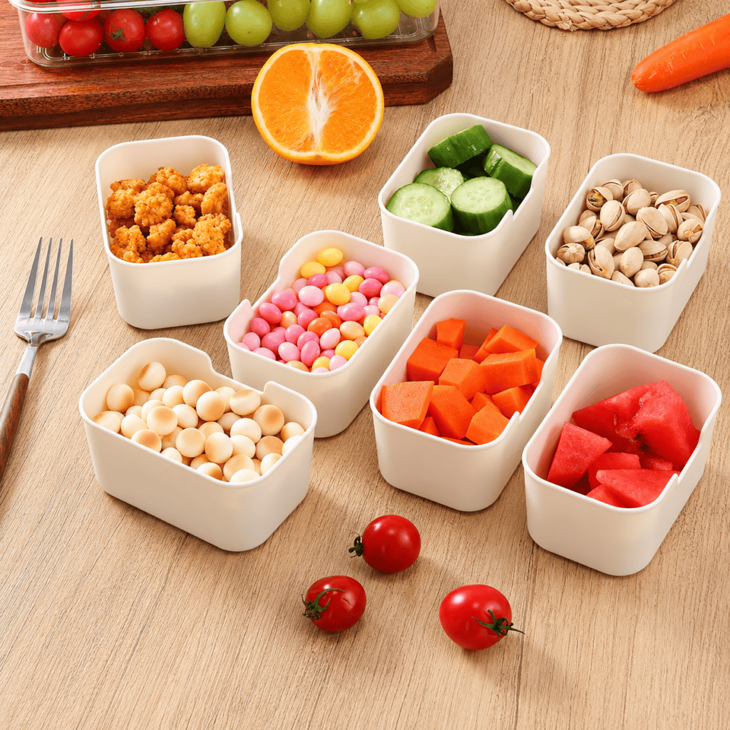 Trust Bliss Snackle Box: Colorful Snack Bowls on a Wooden Table