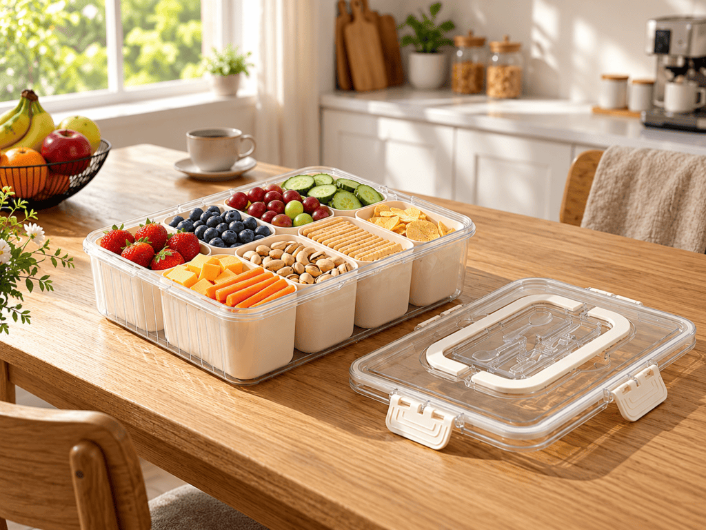 Trust Bliss Snackle Box: Colorful Snack Organizer in Sunlit Kitchen