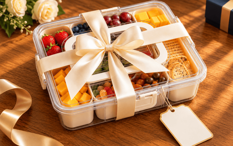 Snackle Box Gift Ideas for Birthdays, Holidays and More Snackle box gift filled with individually wrapped treats, crackers, nuts, chocolate, and dried fruit